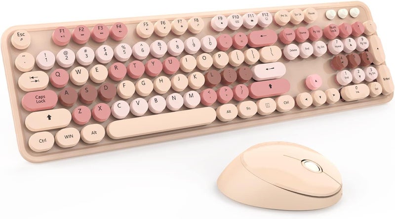 Kootop Wireless Keyboard and Mouse, Cute Keyboard and Mouse, 2.4G Wireless Keyboard with Retro Round Keycap for PC, Mac, Laptop,Computer Windows (Milk Tea) - Image 1